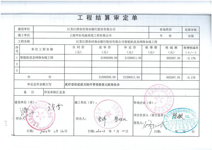 江蘇江陰農(nóng)村商業(yè)銀行智能機(jī)房工程審定單